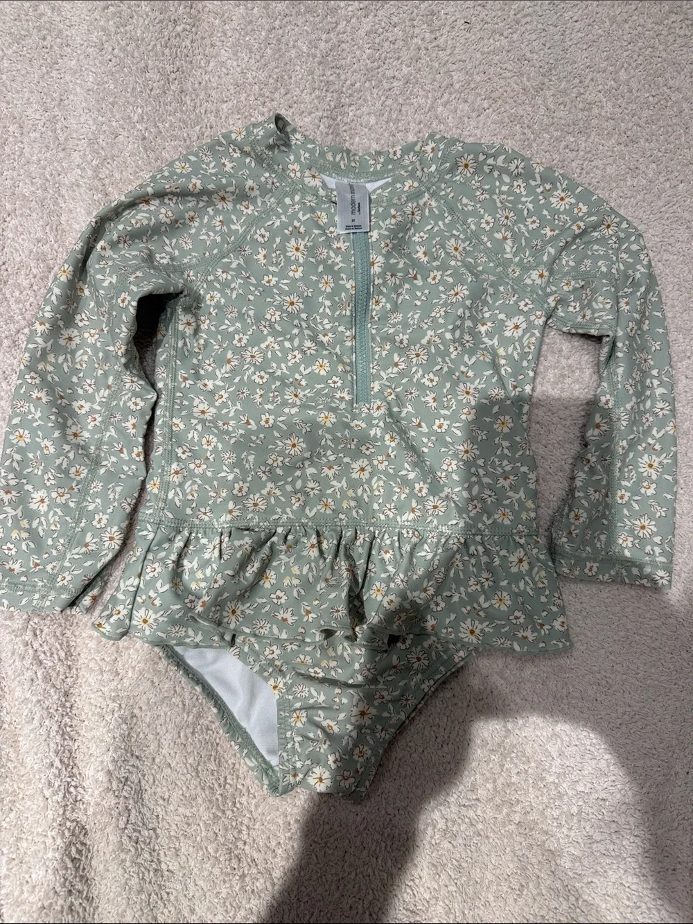 Long-Sleeve Daisy Print One-Piece Swimsuit in Sage Green